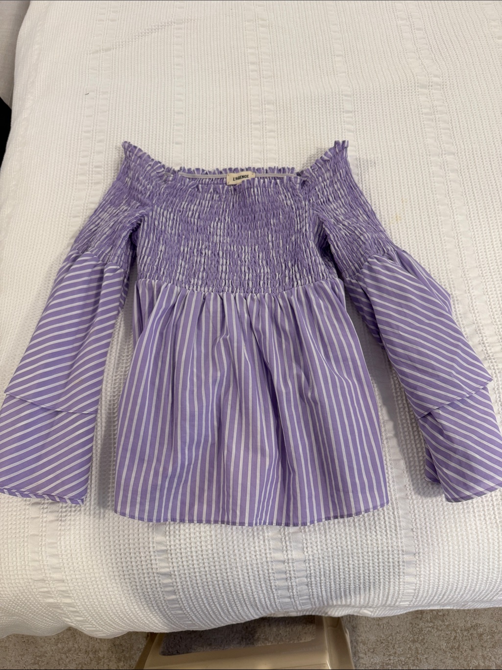 Veronica Beard Lavender And White Striped Off-Shoulder Blouse